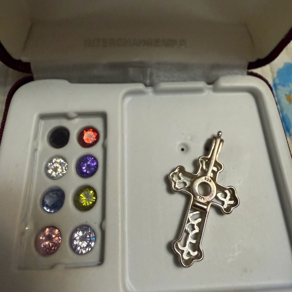 Vintage Sterling Silver Interchangeable Cross Pendant w/ Stones & Box